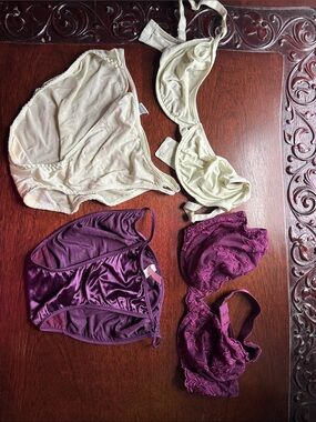 Two 36D bras.  Lace & Satin Bras and size M bikinis.